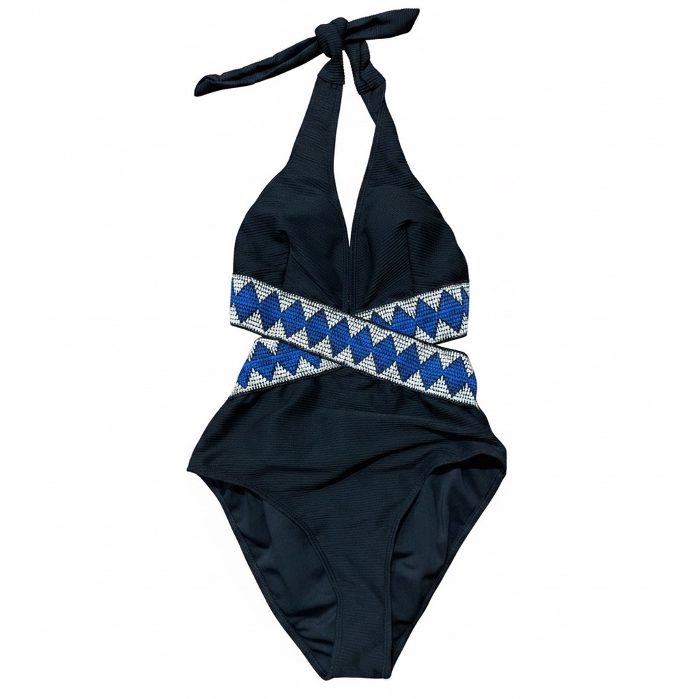 Cupshe Navy One-Piece Halter Swimsuit with Blue & White Geometric Trim